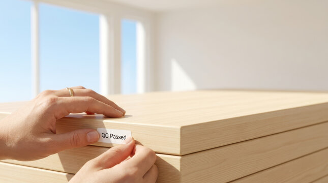 Wooden board stack with hands placing passed quality control sticker in bright workshop light