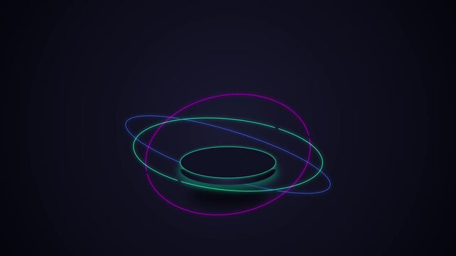 Neon glowing podium with rotating digital rings