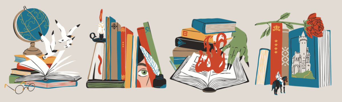 Stack of books, book pile set. Bookstore, library, cozy, leisure reading concept. Detective, adventure, horror, fantasy, mystery, thriller, romance literature. Hand drawn trendy Vector illustration