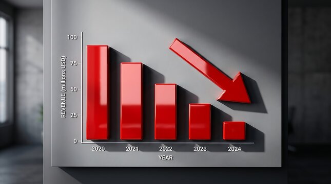 Red Bar Chart Showing Financial Decline and Decreasing Revenue Growth Over Five Years