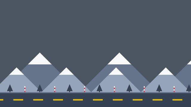 Seamless looping animation of driving past snowy mountains