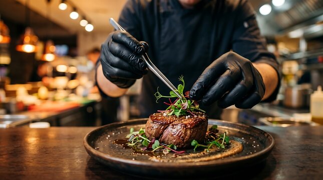 Chef meticulously garnishing a gourmet steak dish with fresh microgreens, a close-up view of culinary art in a restaurant setting