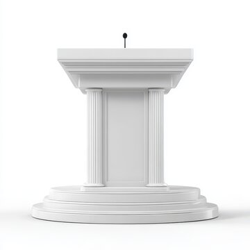 Elegant Podium: A stately white podium with classical columns and a microphone stands ready for a speaker, symbolizing public speaking, debate, and formal address.