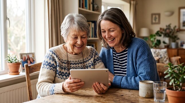 Smiling senior woman and adult daughter enjoying shared digital moment on tablet at home, connecting online