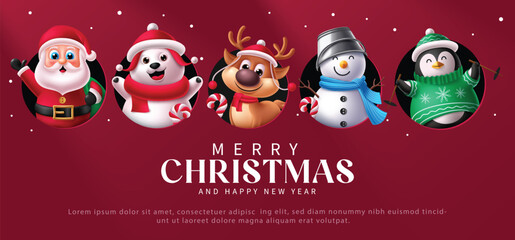 Fototapeta premium Merry Christmas and Happy New Year Red Background with Cute Characters Group