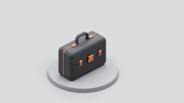 Isometric briefcase sits atop circular platform. Minimalist design, muted colors, studio lighting creates clean presentation. Simple, elegant.