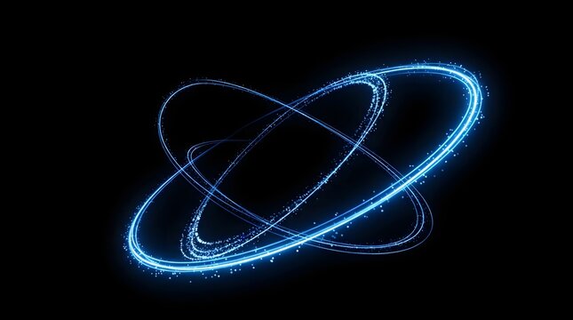 Glowing electric blue orbital light rings with sparkling dust floating in dark space