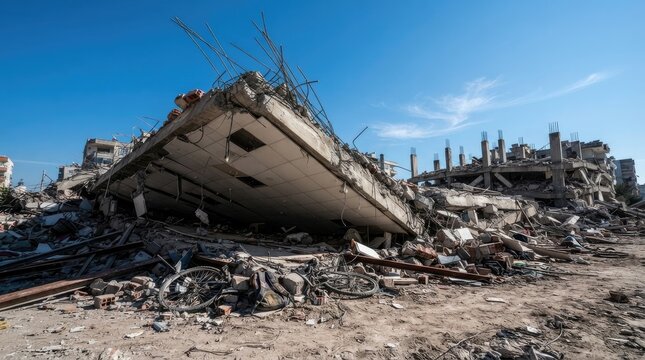 Destruction and collapsed buildings after an earthquake or disaster