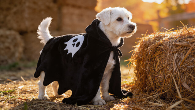 White dog wearing a black hooded cape with a ghost emblem standing beside hay bales at sunset