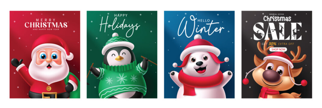 Set of Merry Christmas and Holiday Greeting Cards with Santa, Penguin, Polar Bear, and Reindeer
