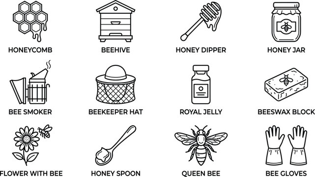 Apiculture vector icon set including honeycomb beehive dipper jar smoker hat jelly beeswax flower queen bee gloves