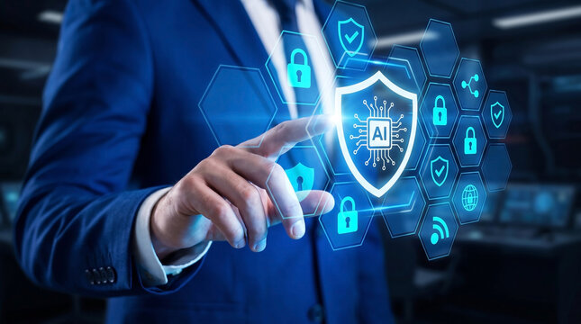 Enterprise AI security risk management protection governance compliance defense monitoring artificial intelligence dashboard, businessman hand activating secure technology framework system