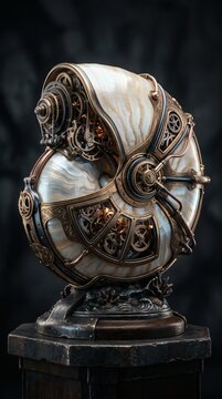 Intricate steampunk nautilus shell sculpture with mechanical brass gears and metallic details.