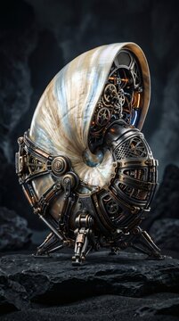 A surreal steampunk nautilus shell sculpture with intricate mechanical gears and metallic details on a dark rocky surface.
