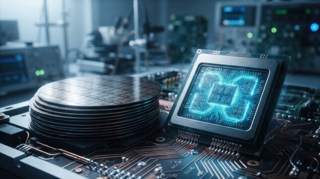 Stacked silicon wafers beside a glowing chiplet package with copper interconnects and luminous circuit paths, representing AI chip demand.