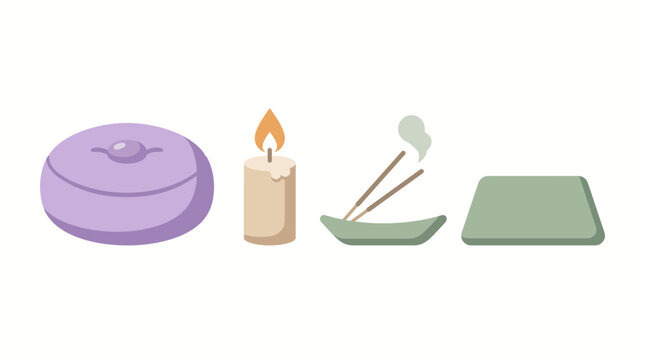Set of meditation and relaxation accessories including a purple cushion, candle, incense sticks and yoga mat.