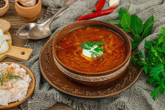 Traditional Ukrainian borscht. Hot dish, national red soup, served in classic style.