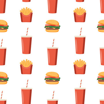 Seamless vector pattern featuring classic fast food items, hamburgers, french fries in red cartons, soft drink cups
