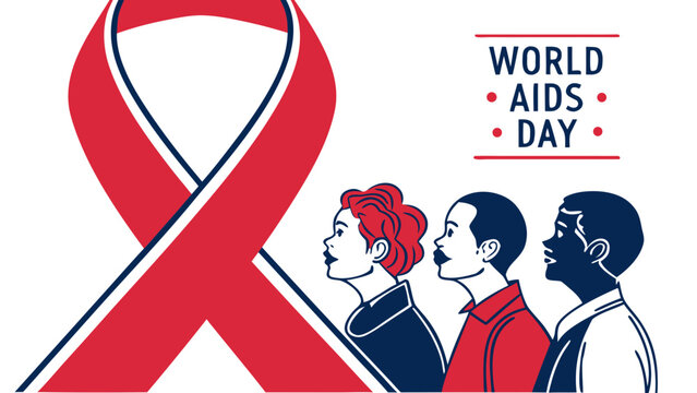 Red awareness ribbon with diverse people and world aids day text representing HIV prevention, solidarity, healthcare support and global awareness