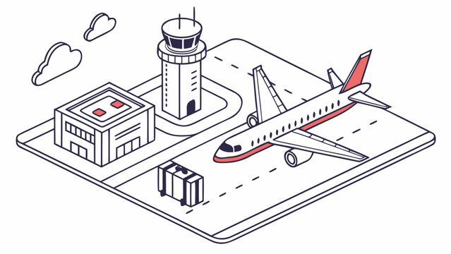 Passenger airplane at airport terminal with control tower and runway in isometric line illustration representing aviation, travel and transportation