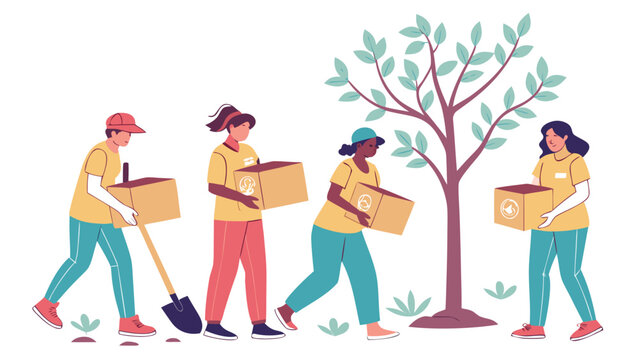 Volunteers carrying donation boxes near growing trees representing charity, community support, sustainability, giving and environmental responsibility
