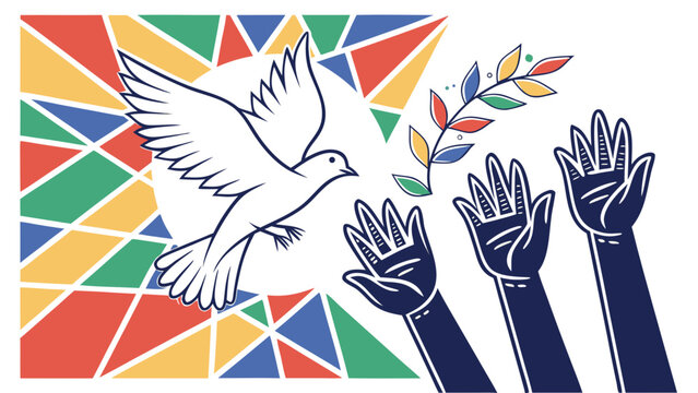 Peace dove flying above raised hands with olive branches and colorful geometric background symbolizing freedom, hope, unity and solidarity