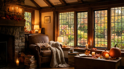 Obraz premium Cozy armchair in rustic room with autumn forest window view