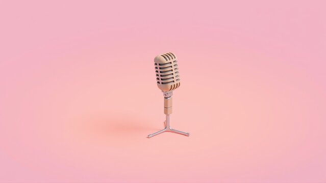 Vintage microphone stands on pink surface. Minimalist studio setup, simple design, soft lighting. Focus is solely on object.