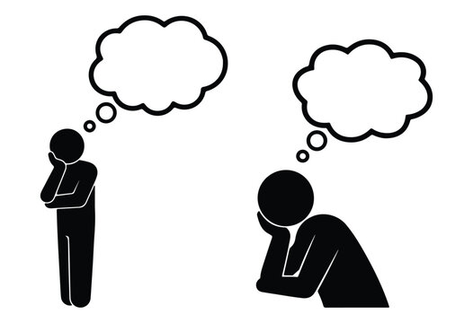 Pensive people thinking with empty thought bubbles above heads thinking person thought bubble problem solving human silhouette thinking process