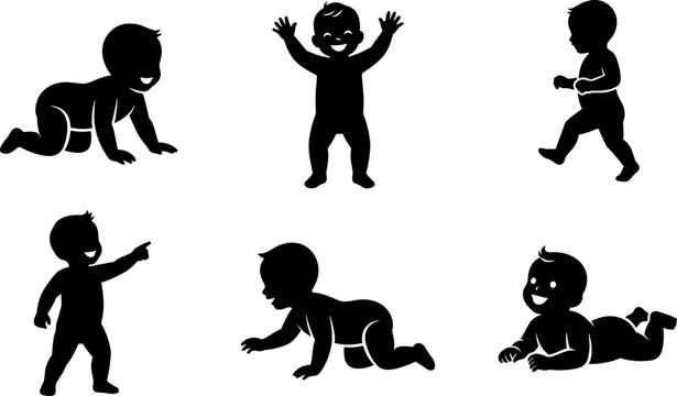 Set of black silhouettes of babies in various poses and activities