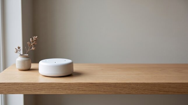 White indoor radon sensor beside minimalist decor on a clean wooden console