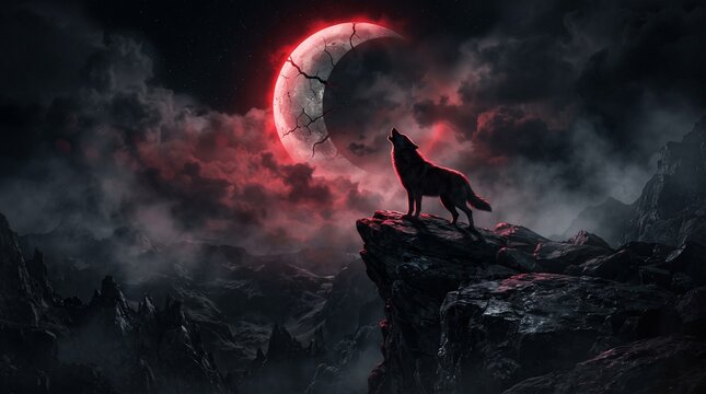 Mystical howling wolf silhouette on mountain peak, dramatic blood moon lunar eclipse in dark night sky, gothic fantasy landscape with red glowing moon