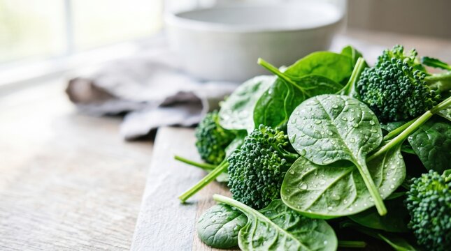 Washed spinach and broccoli prepared as healthy cooking ingredients in a bright kitchen