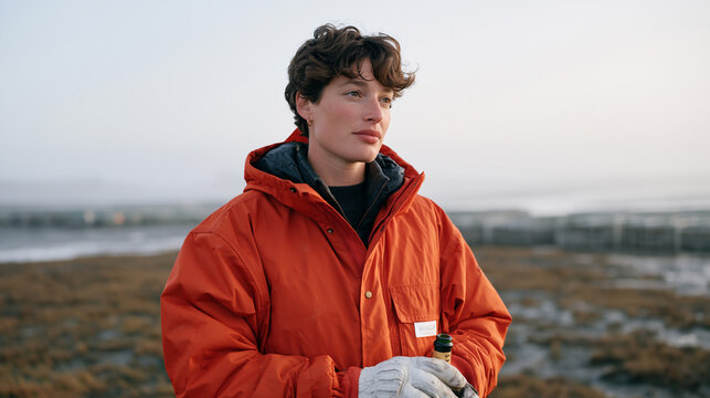 Oyster farmer stands alone on an empty tidal flat at low water, harvest cages visible behind her in the fog, a celebration bottle unopened in her gloved hand, the before and after