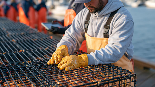 Weathered hands haul wire lobster traps onto a wooden dock as a crowd of dockworkers in rain gear discusses trap yield data on a handheld tablet, the busy harbor filled with
