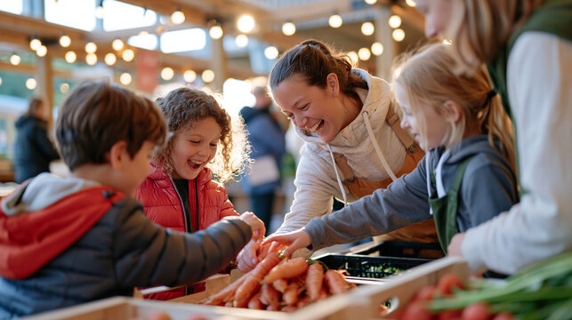 Children help a farmers market vendor arrange root vegetable pyramids under warm indoor string lights, the group dynamic full of celebration and laughter, small hands and a