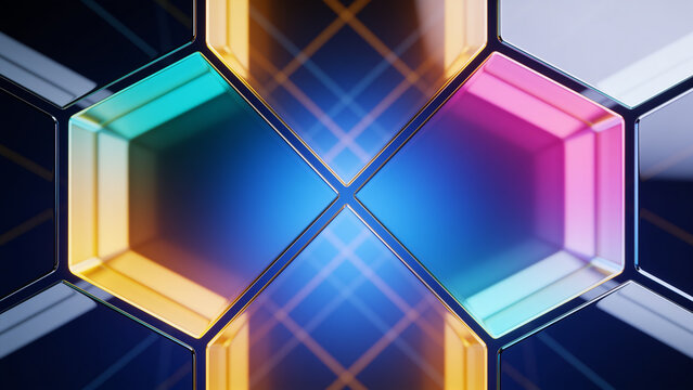 Abstract 3D futuristic honeycomb tunnel architecture with glowing neon edges and deep spatial depth