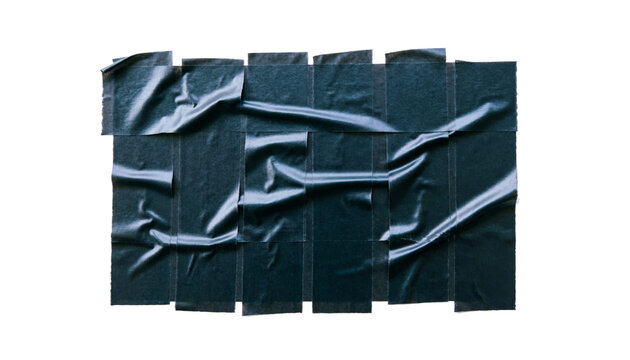 Black duct tape texture on white background, wrinkled adhesive tape strips, industrial gaffer tape collage with glossy plastic finish and creases