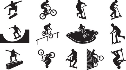 Obraz premium Collection of black silhouettes featuring people performing extreme sports like skateboarding, bmx biking, and scooter tricks on ramps