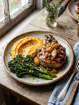 Grilled pork chop served with mashed sweet potatoes and roasted broccolini on a rustic plate.