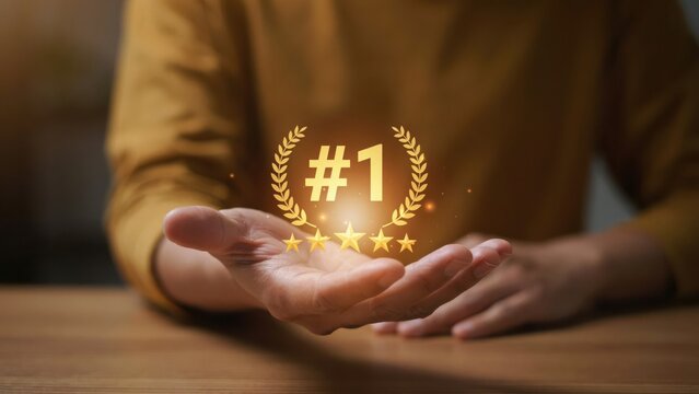 Person holding a glowing number one ranking icon