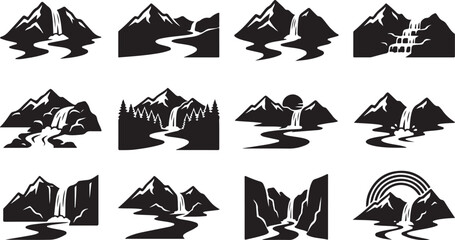 Fototapeta premium Collection of twelve black and white showing mountain landscapes with waterfalls, winding rivers, forests, and rainbows