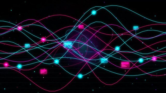 Futuristic neon data network with glowing pink and blue wavy communication lines on black background