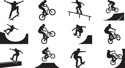 Obraz premium Set of black silhouette showing people performing extreme sports like skateboarding, bmx biking, and scooter tricks on ramps and rails
