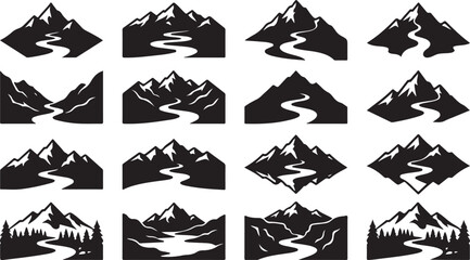 Fototapeta premium Set of twelve black and white depicting mountain landscapes with winding rivers, forests, and various rocky terrain shapes
