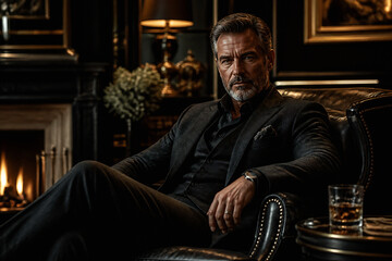 Fototapeta premium A rugged, middle-aged man in a dark suit is seated comfortably in a leather armchair in a dimly lit, opulent interior.