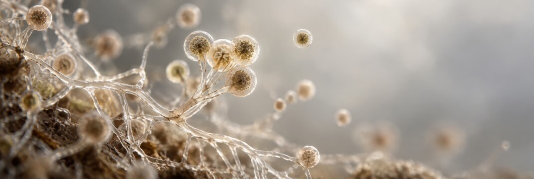 microscopic view of frozen mold spores and mycelium covered in ice crystals. macro photography of intricate biological structures. biology, science, microbiology. banner, website header with copyspace