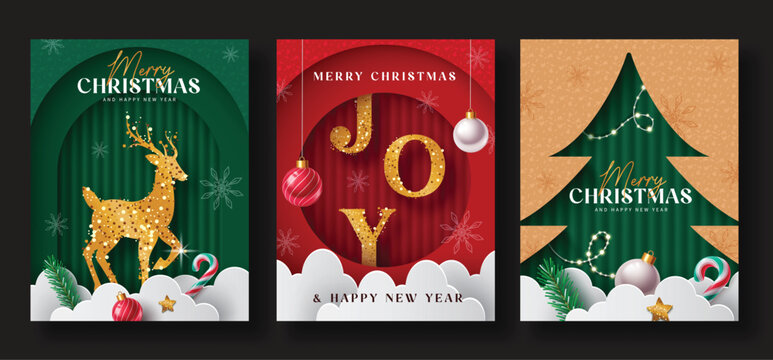 Set of Merry Christmas Greeting Cards with Golden Reindeer and Joy Typography