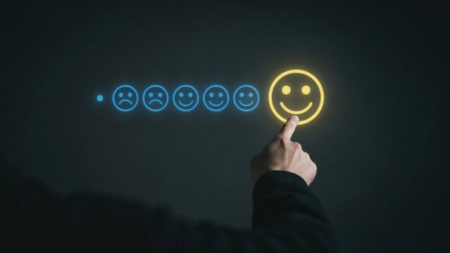 Customer feedback concept with finger touching smiley face