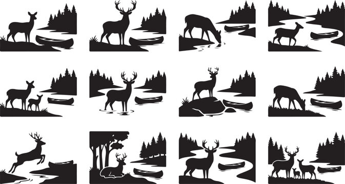 Set of twelve black and white showing deer and canoes in river landscapes with forests and natural wilderness scenery